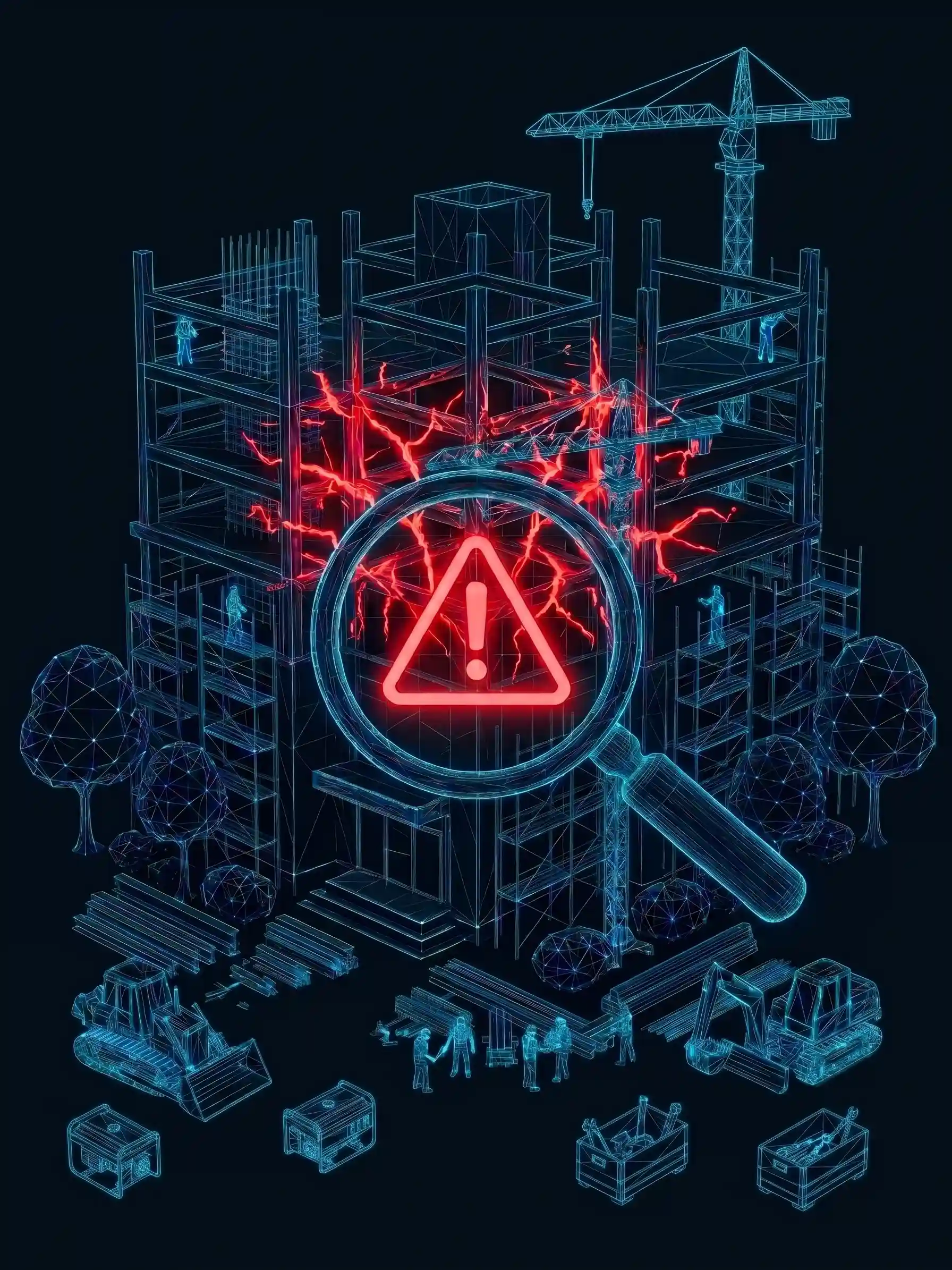 Neon construction building with fraud detection warning